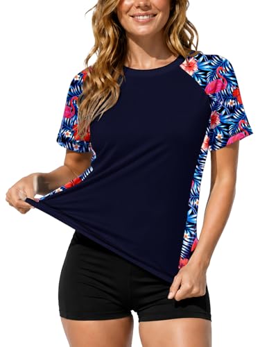 Image of AOBUTE Women Short Sleeve Rash Guard UPF 50+ Tropical Sun Protection Floral Swim Shirts