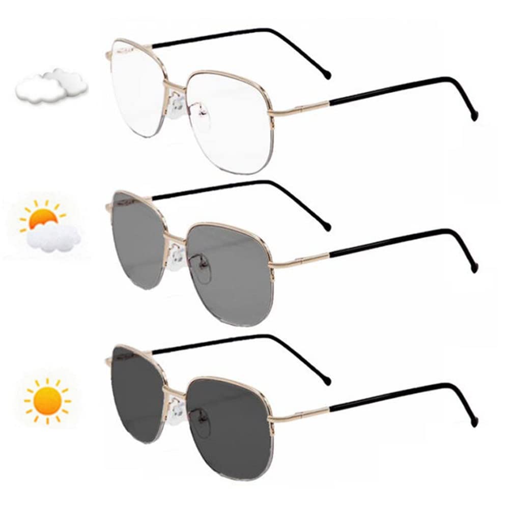 XUAN Photochrome Brillen Multifokale Sonnenbrille Anti Blaulicht Lesebrillen Halber Rahmen Computerbrille Unisex Sonnen-Leser (Color : Gold, Size : +2.0)