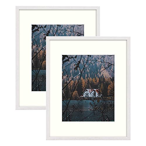 Image of Frametory, 16x20 Picture Frame with Mat for 11x14 Picture- - Country Rustic Style - High Definition Glass Wide Molding - Preinstalled Wall Mounting Hardware (Rustic White, 2 Pack)