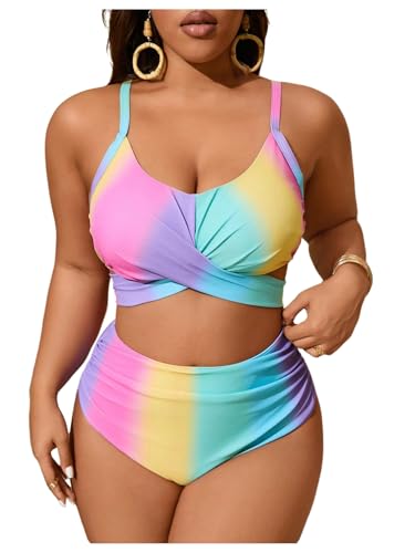 Verdusa Women's Plus Size 2 Piece Colorblock Ombre Bikini Set Cross Front Ruched Tie Back Swimsuit - Main Image