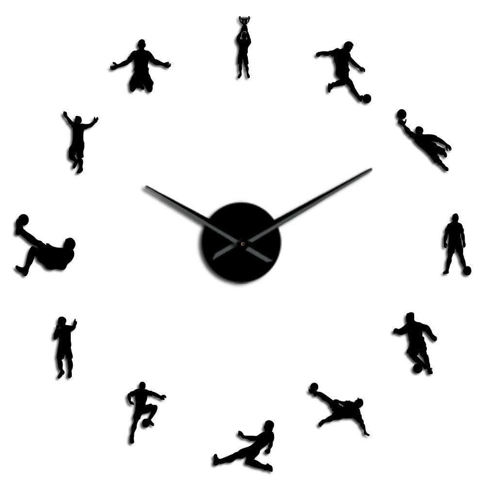 Horloge Murale sans Cadre 3D Effet Miroir Argenté Thème Football Grand Format 47 Pouces