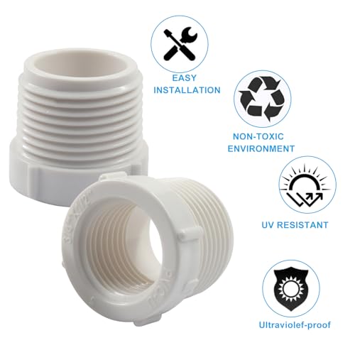 PHITUODA 10 Pack 3/4 Inch Male Thread to 1/2 Inch Female Threaded PVC Pipe Fittings Connector, Reducer Bushing Adapter Coupling with Teflon Tape (White)