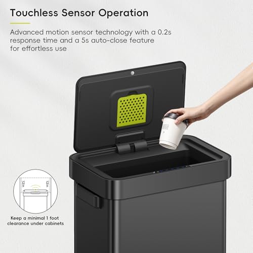 Image of EKO Deluxe Mirage-T 50 Liter / 13.2 Gallon Touchless Rectangular Motion Sensor Trash Can or Recycling Bin, Matte Black Stainless Steel Finish