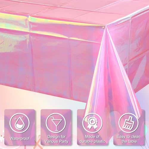 Image of 3 Pack Iridescent Plastic Tablecloth, Shiny Disposable Laser Rectangle Table Covers, Holographic Foil Tablecloth Party Decorations for Birthday Bridal Wedding Anniversary Party Supplies, 50 x 100 Inch