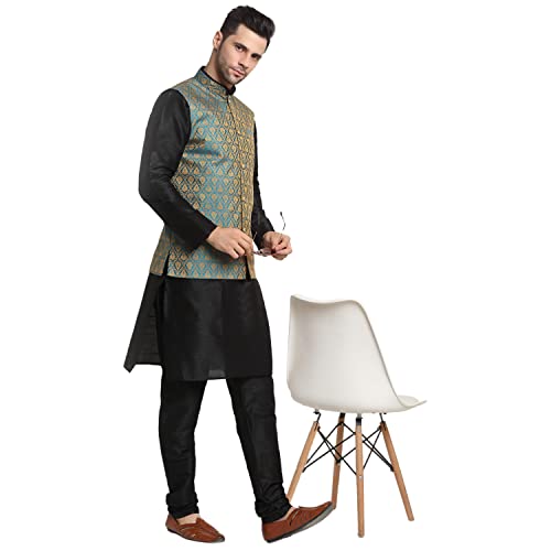 Image of KRAFT INDIA Mens Gold Silk Blend Kurta and Churidar Set With Jacquard Paisley Nehru Jacket