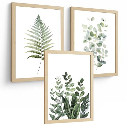 Nacnic Juego De 3 Laminas Flores Botanico Verde. Arte De Pared Colorido Botánico Minimalista Posters Florales Para Dormitorio Sala De Estar A4 Lightwood Frame