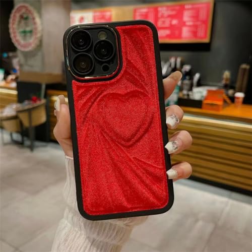 Coque peluche iPhone 14 rouge motif cœur avec couverture souple antichoc