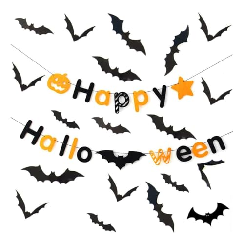 KEQAR 36 Murciélagos 3D para Pared + Guirnalda de Halloween – PVC Impermeable, Set de Decoración Desmontable en 4 Tamaños, Negro