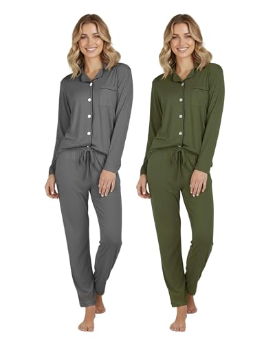 Image of Real Essentials 2 Pack: Women's Pajamas Set Button Down Pants Soft Matching Sleepwear (Available In Plus)