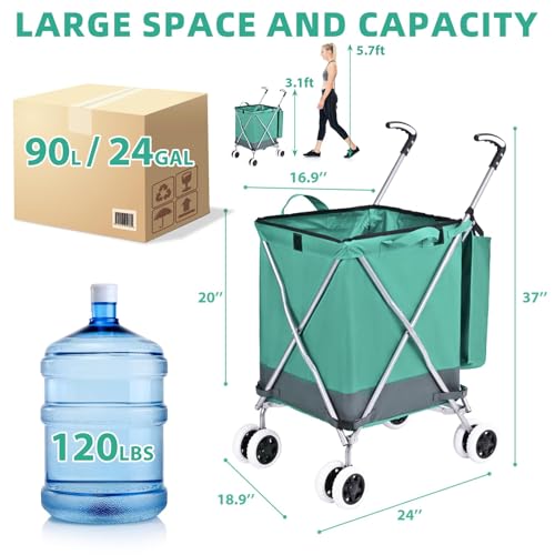 Image of Folding Grocery Shopping Cart Rolling Utility Cart with 360 Double Front Swivel Wheels Waterproof Removable Canvas Bag with Cover for Laundry Grocery, Shopping, Baggage, Picnic (Beige)