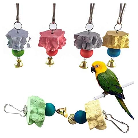 Bird Grinding Beak Calcium Stone With Bell,Rat Mineral Lava Block Trimming Teeth Chewing Toys for Chinchilla Bunny Budgie Cockatiel Parakeet Parrot 6-Pcs Cover