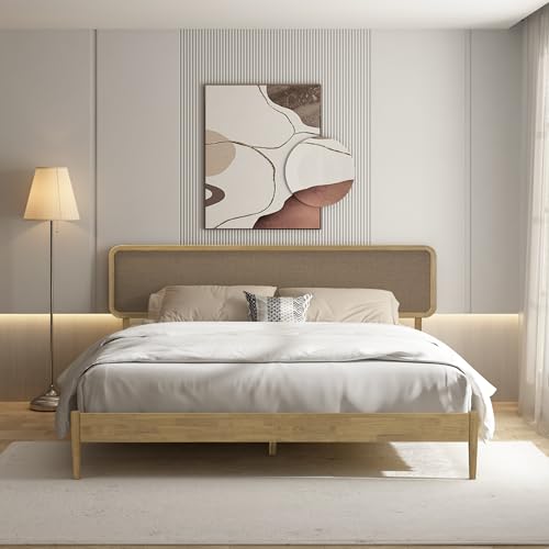 Image of NTC Lupin Wooden Bed Frame with Headboard, Solid Oak and Rubber Wood Foundation with Silent Slats and Wood Central Supports, 1000 Lb Capacity, King - Sand