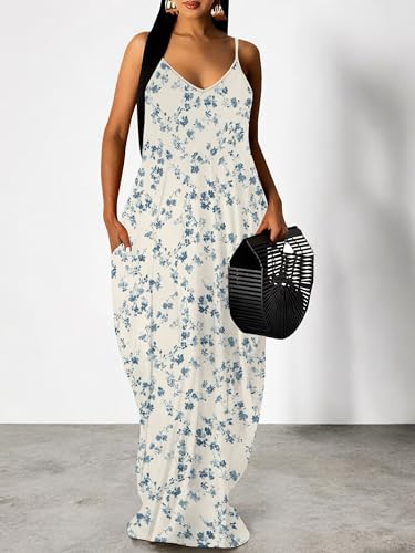 Image of Women Spaghetti Strap Maxi Dress with Pockets | Soft fabric relaxed fit sleeveless v neck with pockets for party and daily wear