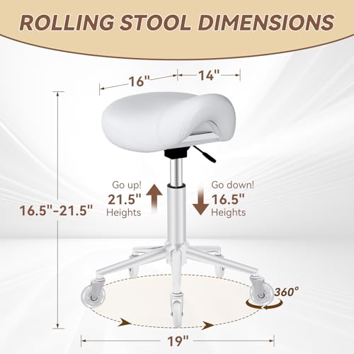 Image of Saddle Stool Heavy Duty 400lbs - Ergonomic Thick Saddle Seat Cushion, Easy Height Adjustable, Healthy Posture No Pain, Smooth Rolling No Creaky Noises, Rolling Saddle Stool Chair with Wheels (White2)