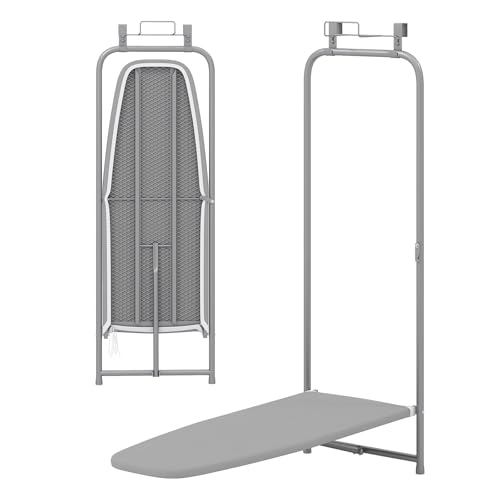 LDAILY Over Door Ironing Board Foldable Hanging Ironing Board with Built-in Iron Holder & 3-Tier Cotton Cover Compact Ironing Station for Laundry Room Apartment Dorm Home