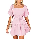 Shy Velvet Womens Square Neck Criss Cross Pleated Flowy Dress Solid Color Backless Hollow Out Mini D
