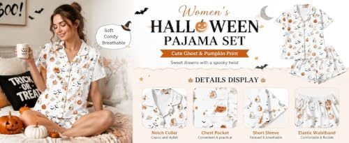 WWPPAION Womens Halloween Pajamas Set 2 Piece Ghost Pumpkin Print Shirts And Shorts Button Down Short Sleeve Sleepwear - image 4