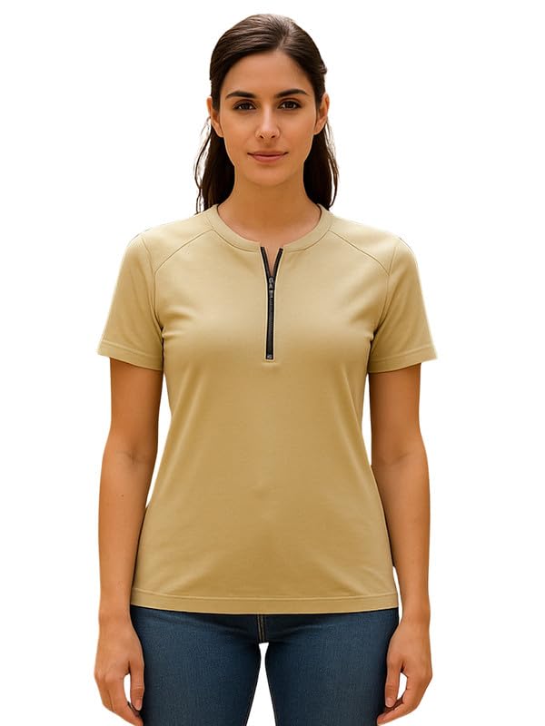 Image of DTR FASHION Women's Beige Pure Cotton Styled with Zipper Closure Solid T-Shirt | Western T-Shirt for Women