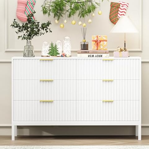 MAISONPEX Dresser for Bedroom with Fluted Design, 6 Drawer Dresser Chest of Drawers, Wooden White Dresser for Hallway, Living Room, Nursery Room Cover