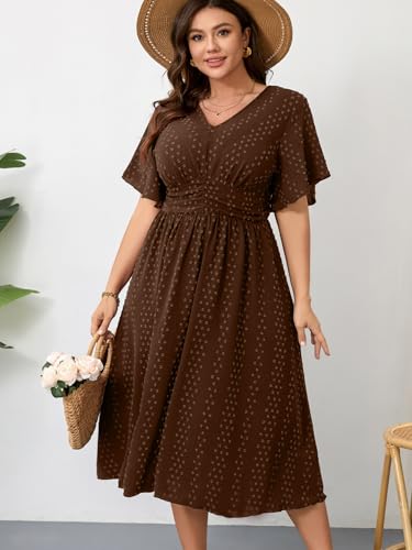 Image of RWJ Women's Plus Size Maxi Dress V Neck Short Sleeve Swiss Dot A Line High Waist Boho Swing Casual Summer Dresses