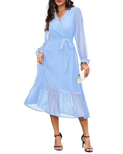 Image of Women's Fall Long Sleeve Spring Dress Wrap V Neck Swiss Dot Casual A-Line Midi Dresses with Belt