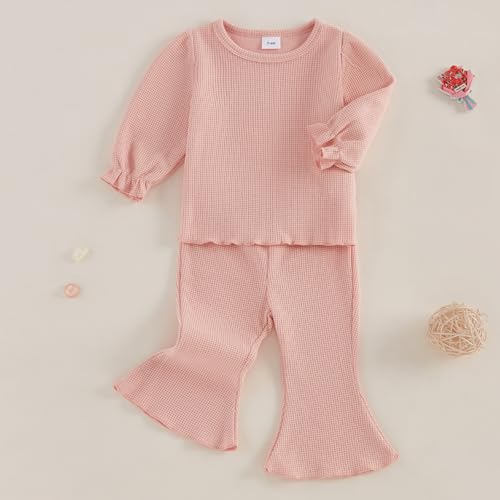fhutpw Infant Girl Clothes Lantern Sleeve Solid Top and Flared Pants Sets Baby Newborn 6 12 18 Months 2T Fall Winter Outfits4