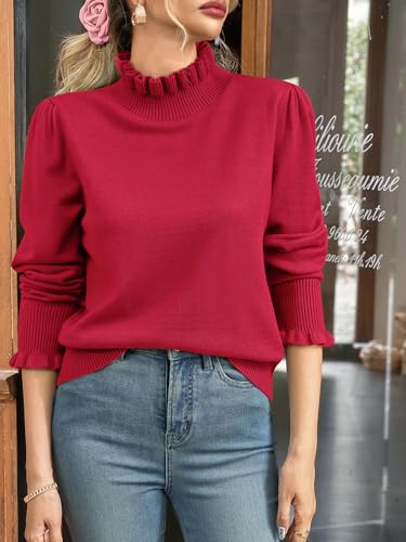Image of Womens Ruffle Mock Neck Sweater Puff Long Sleeve Fall Trendy Pullover Tops | Fall Winter Clothes, Soft, Business Casual Outfits, Trendy Fashion, Knitted Shirts