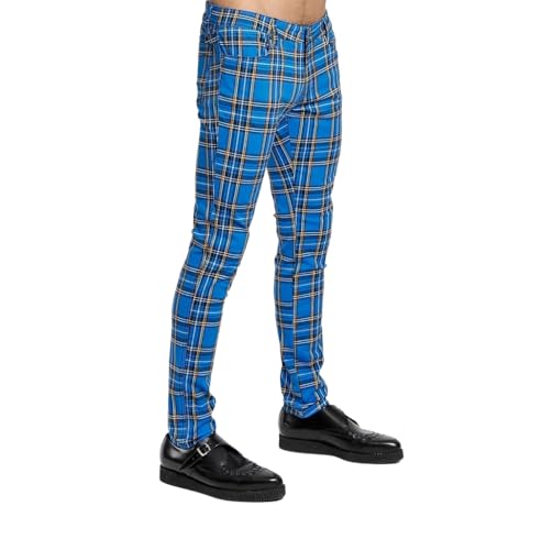 Men's Blue Tartan Plaid Pants Punk Gothic Slim Fit Checkered Casual Trousers2