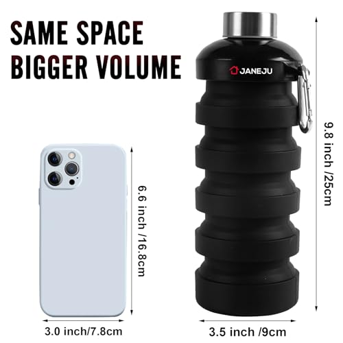 JaneJu Collapsible Water Bottle, 32oz BPA Free Silicone Reusable Portable Lightweight Foldable Water Bottles with Carabiner, Leak Proof Sports Water Bottle with Stainless Twist Cap (Black) - Image 3