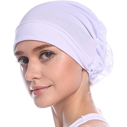 Leo565Tom Turban Chimio Femme Doux Hijab Bonnet avec Fleur en Chiffon à larrière Turban Femme Mode Multicolore Extensible idéal pour la perte de cheveux?Blanc?