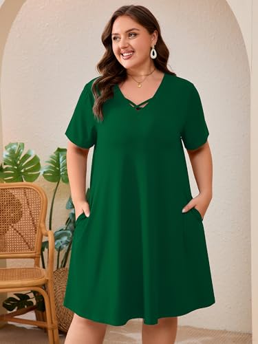 Image of AusLook Plus Size Midi Dress for Women Short Sleeve V Neck Criss Cross A Line Summer Casual Vacation Sundresses with Pockets