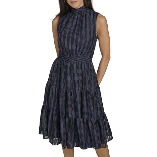 Image of Calvin Klein Women's Sleeveless Mock Neck Smocked Knee Length Fit & Flare Dress