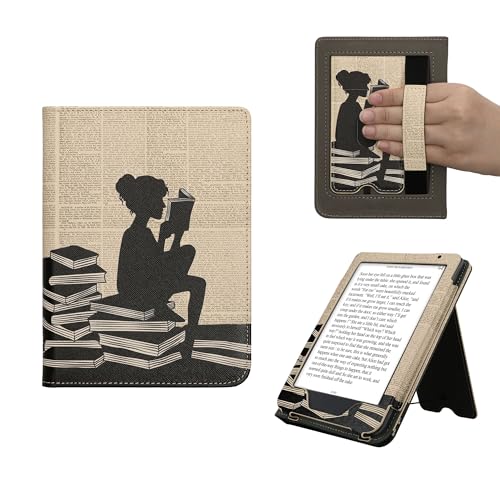 kwmobile Carcasa Compatible con Kobo Clara BW/Colour - Funda con Agarre elástico y Soporte - Chica lectora Negro/Beige