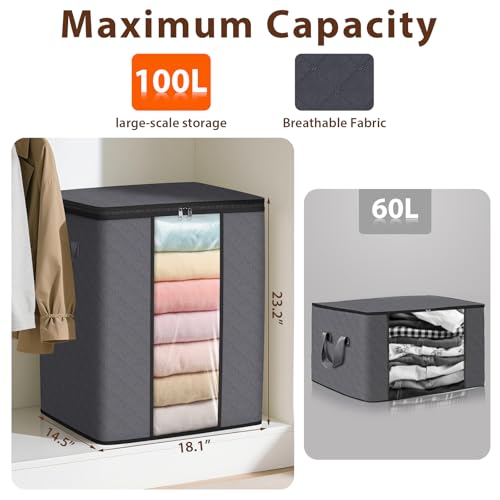SpaceWhisper 3 Pack 100L Clothes Storage, Foldable Thick Fabric Blanket Storage Bags, Containers for Organizing Bedroom, Closet, Clothing, Comforter,Closet Organization with Handle,Grey - Image 3