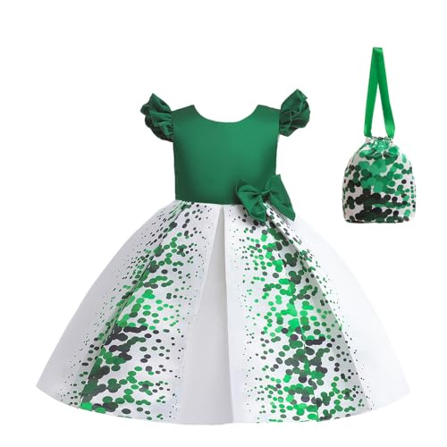 Quenny Christmas girl's dress St. Patrick's Day printed forged cloth dress flounced sleeve party princess dress(Green,130cm(8-9Y))