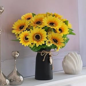 Artificial sunflower arrangement in black vase 3 bunches of lifelike sunflowers with rustic black vase for home decor office and special occasions  urban country home decor