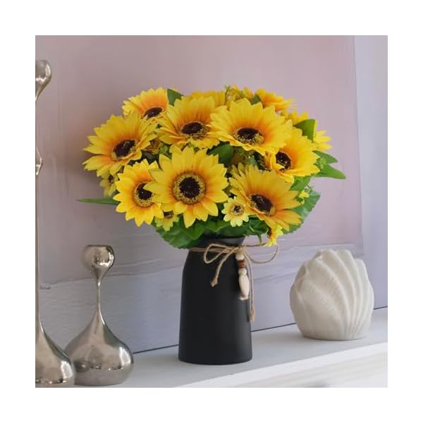 Artificial sunflower arrangement in black vase 3 bunches of lifelike sunflowers with rustic black vase for home decor office and special occasions  urban country home decor