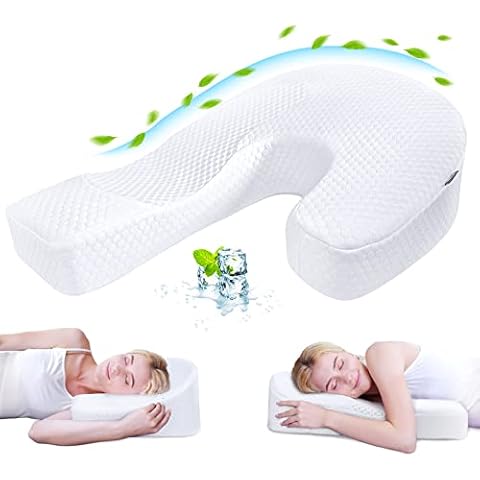 SAHEYER Side Sleeper Pillow for Shoulder Pain Relief, Odorless J-Shaped Body Pillow for Adults, Ergonomic Orthopedic Memory Foam Contour Support Pillow for Neck, Back, Arm, White Cover
