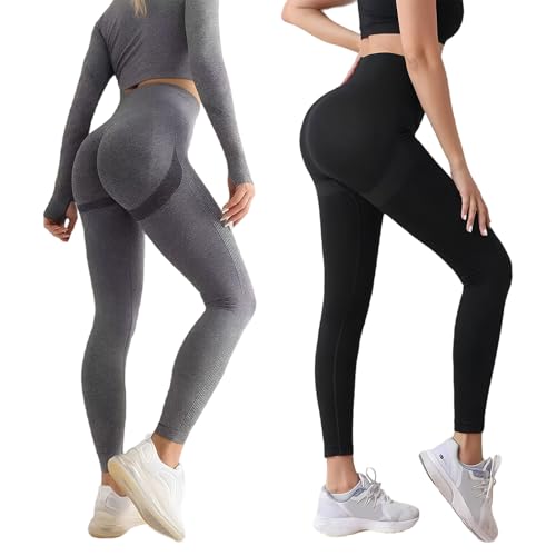 2 Pcs Kompressionsleggins Damen Lipödem Cellulite Leggings Po Push Up Kompressions Leggings Damen Lipödem Hoch Tailliertes Design Atmungsaktiv Und Nicht Einengend 3d-Konturierung Schwarz Grau Größe M