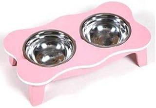 Hounds Twin Stainless Steel Bowls with Wooden Stand Pet Food Water Removable Feeding Pink Bowl (L 44cm x W 22cm x H 12cm)