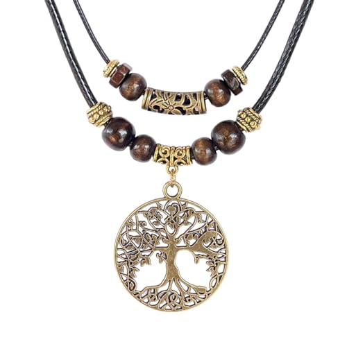 Double Layer Tree of Life Pendant Necklace Wood Beaded Jewelry Gifts for Mens Womens Wife Her...