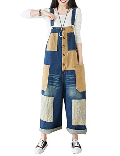 Flygo Women's Baggy Denim Wide Leg Drop Crotch Splicing Overalls Jumpsuit Romper Harem Pants (One Size, Style 01 Dark Blue)