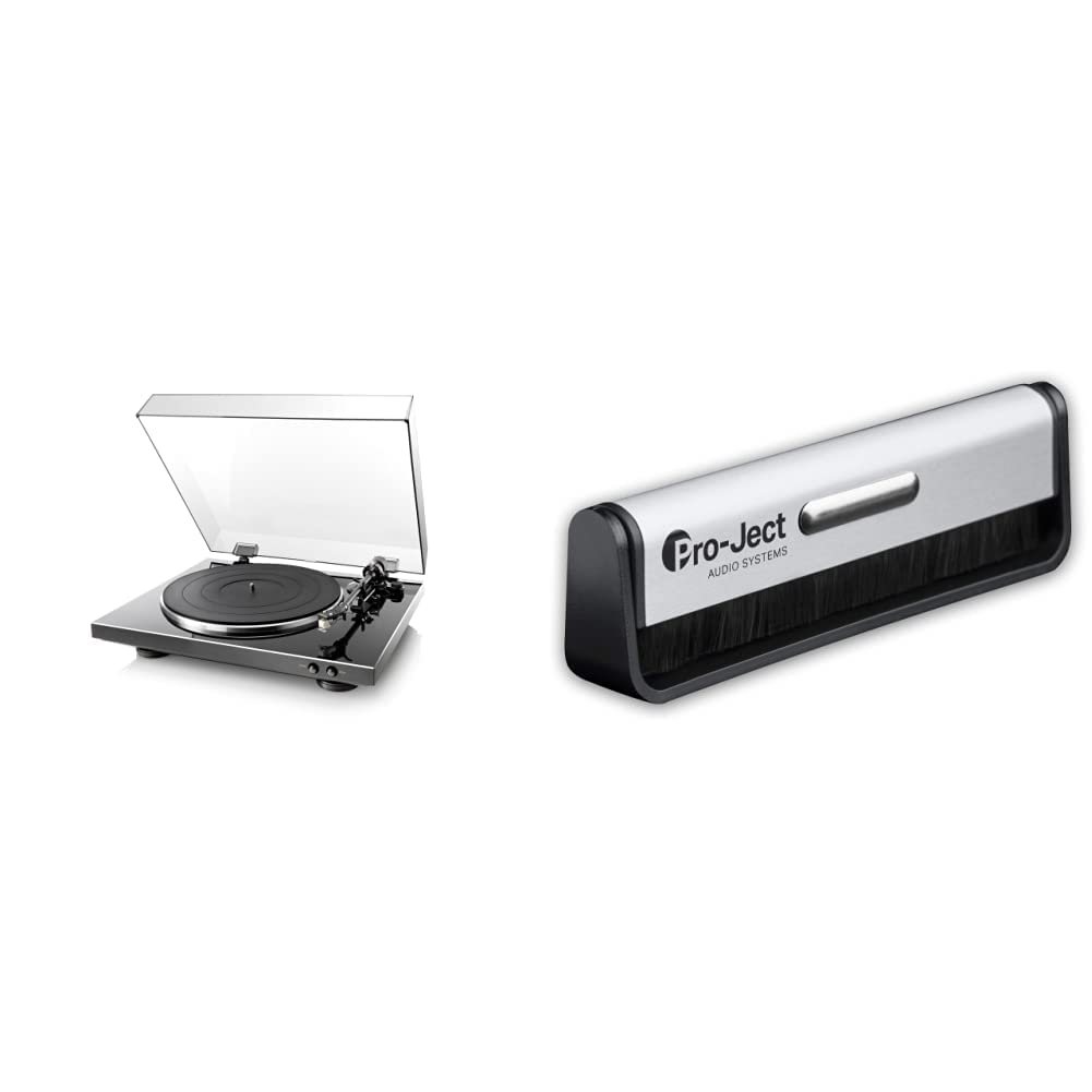 Denon DP-300 F Vollautomatischer Plattenspieler (Riemenantrieb, integrierter Vorverstärker, Vollautomatik) schwarz & Pro-Ject Kohlefaser-Reinigungsbürste Brush it für Schallplatten
