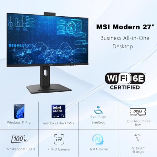 Image of msi Modern 27 inch Business All-in-One AI Desktop, 27 inch WQHD IPS 100Hz Display, Intel Core Ultra 7 155H, 32GB DDR5, 1TB SSD, FHD IR Webcam, Wi-Fi 6E, Thunderbolt 4, HDMI, Wireless KB&Mouse, Windows 11 Pro