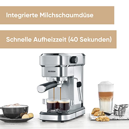 SEVERIN Espressomaschine "Espresa", Siebträgermaschine mit 3 Einsätzen, Kaffeemaschine mit Milchschäumer für Kaffee-Milch-Spezialitäten, 1,1l, Edelstahl-gebürstet/schwarz, KA 5994 – Bild 3