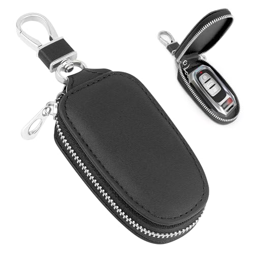 SSNNUU Stylish PU Leather Car Key Fob Protector with Zipper & Keychain,Universal Car Key Case Car Key Holder for SUV Truck (Black)