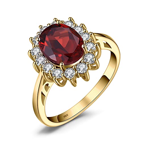JewelryPalace Princess Diana Kate Middleton Gemstone Birthstone Genuine Red Garnet Halo Statement Engagement Rings for Women, 14K Yellow Gold Plated 925 Sterling Silver Promise Rings for Her Size 8