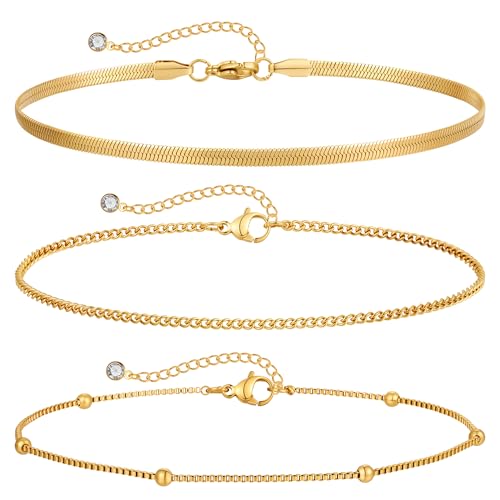 Image of Gold Anklets for Women Waterproof 14k Gold Plated Cuban Link Anklets Non Tarnish Rope Herringbone Ankle Chain Summer Beach Jewelry Gifts for Women