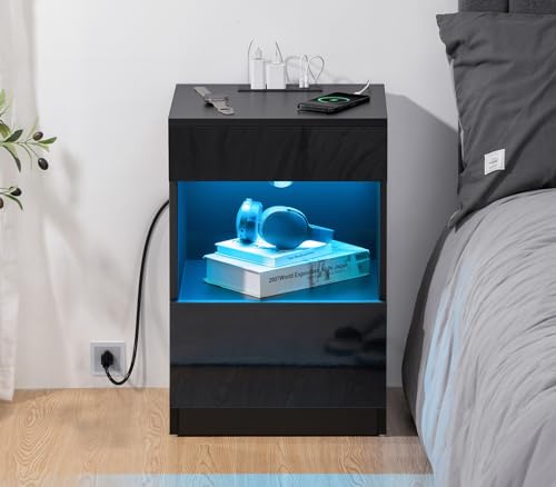 Hommpa NIGHTSTAND 16 BK Set Of 2 Open Shelf Led Nightstands With Charging Station 2 Drawers Bedside Tables Black Night Stands With Storage Smart Nightstands High Gloss Night Table With Led Light For Bedroom Furniture thumb #7