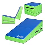 GYMAX Incline Gymnastics Mat, Wedge Shape Gymnastics Incline Mat Folding Gymnastics Gym Fitness Tumbling Mat, Ideal for Tumbling, Practice & Exercise (Green+Blue, 48